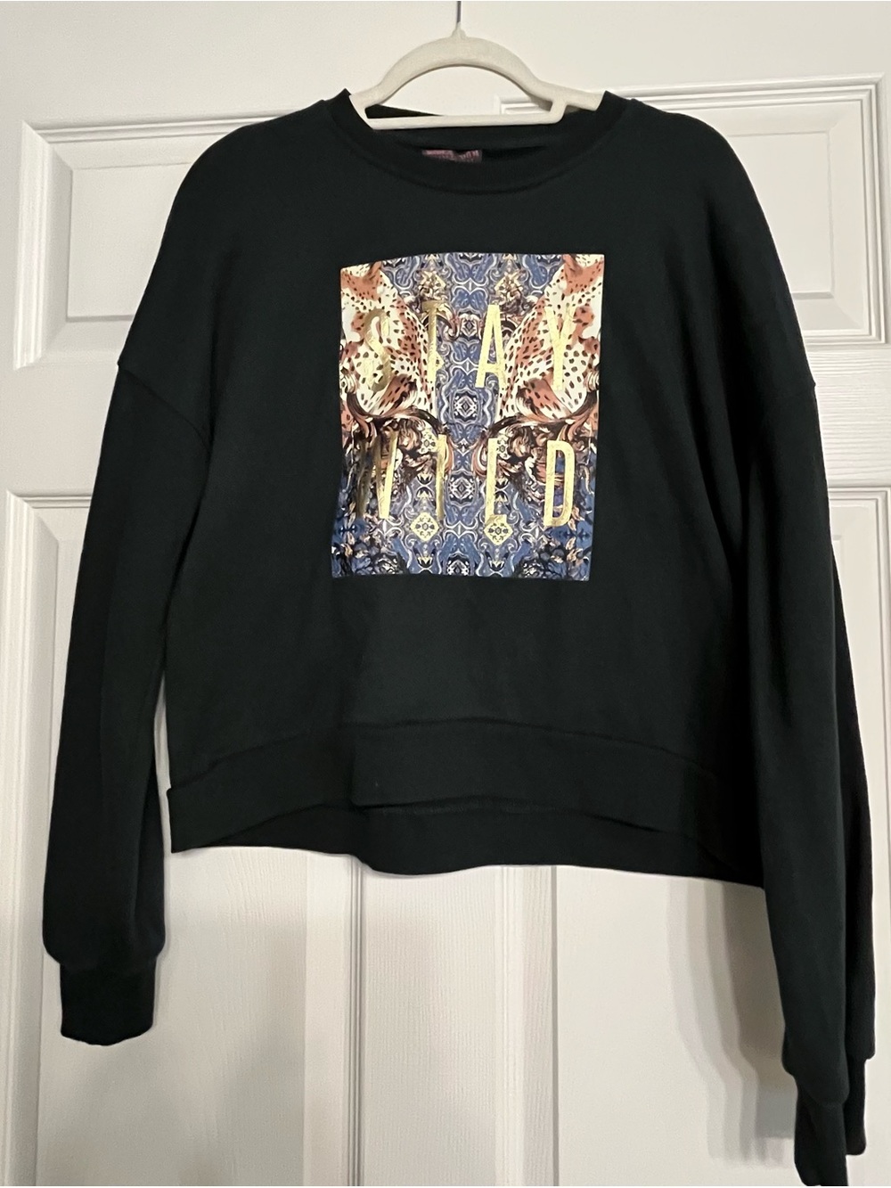 Betsey Johnson Stay Wild Black Crewneck Sweatshirt with Multicolor Graphic